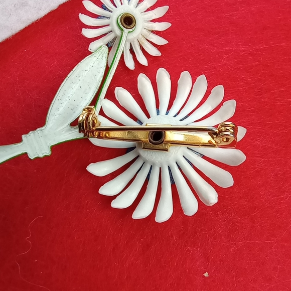 Enameled Metal & Vinyl Double Stem Flower Brooch Pin Red White Blue and Green - Picture 4 of 6